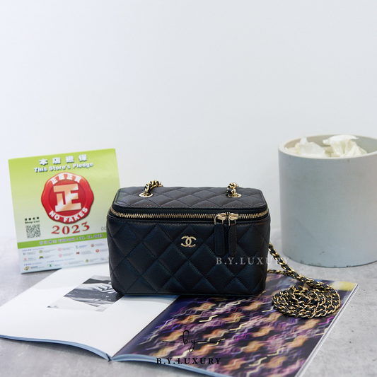 全新現貨 CHANEL Vanity Case 荔枝牛皮 黑 長盒子包 淡金扣 AP1341