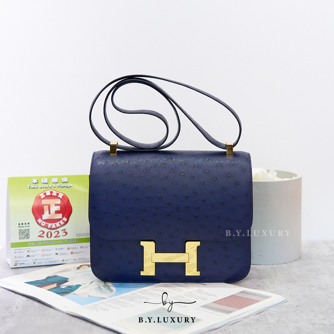 閑置品HERMES Constance 24 Ostrich 77 Blue Iris 金扣– b.y.luxury