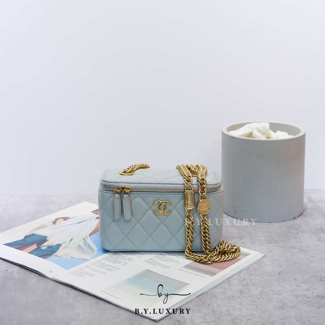 閑置品 CHANEL Vanity Case 長盒子包 淺灰藍 金鏈