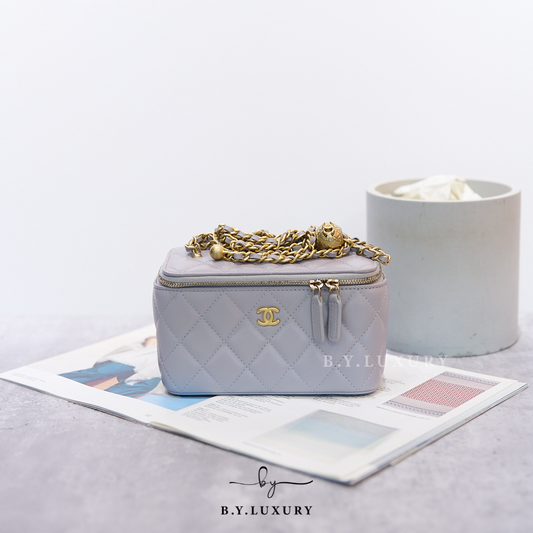 閑置品 CHANEL Vanity case 長盒子 盒子包 小羊皮 灰色 金球 AP2303