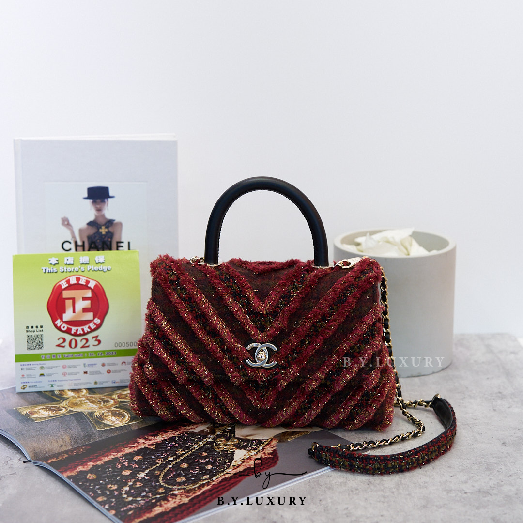 全新現貨CHANEL Coco Handle Small Bag Red Tweed 斜紋軟呢紅色淡金扣