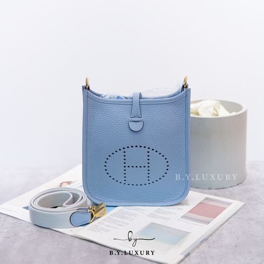 全新現貨 HERMES mini Evelyne TC J7 Bleu Lin GHW 亞麻藍 金扣