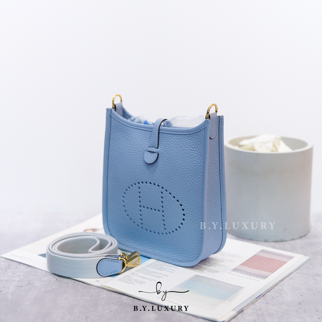 全新現貨 HERMES mini Evelyne TC J7 Bleu Lin GHW 亞麻藍 金扣
