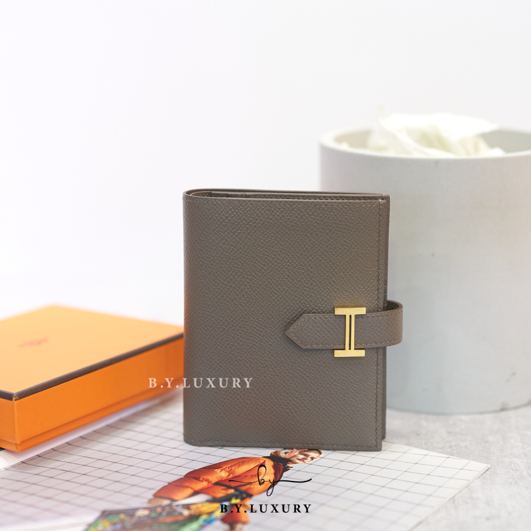 閑置品 HERMES Bearn Compact Wallet Epsom 8F 錫器灰 金扣