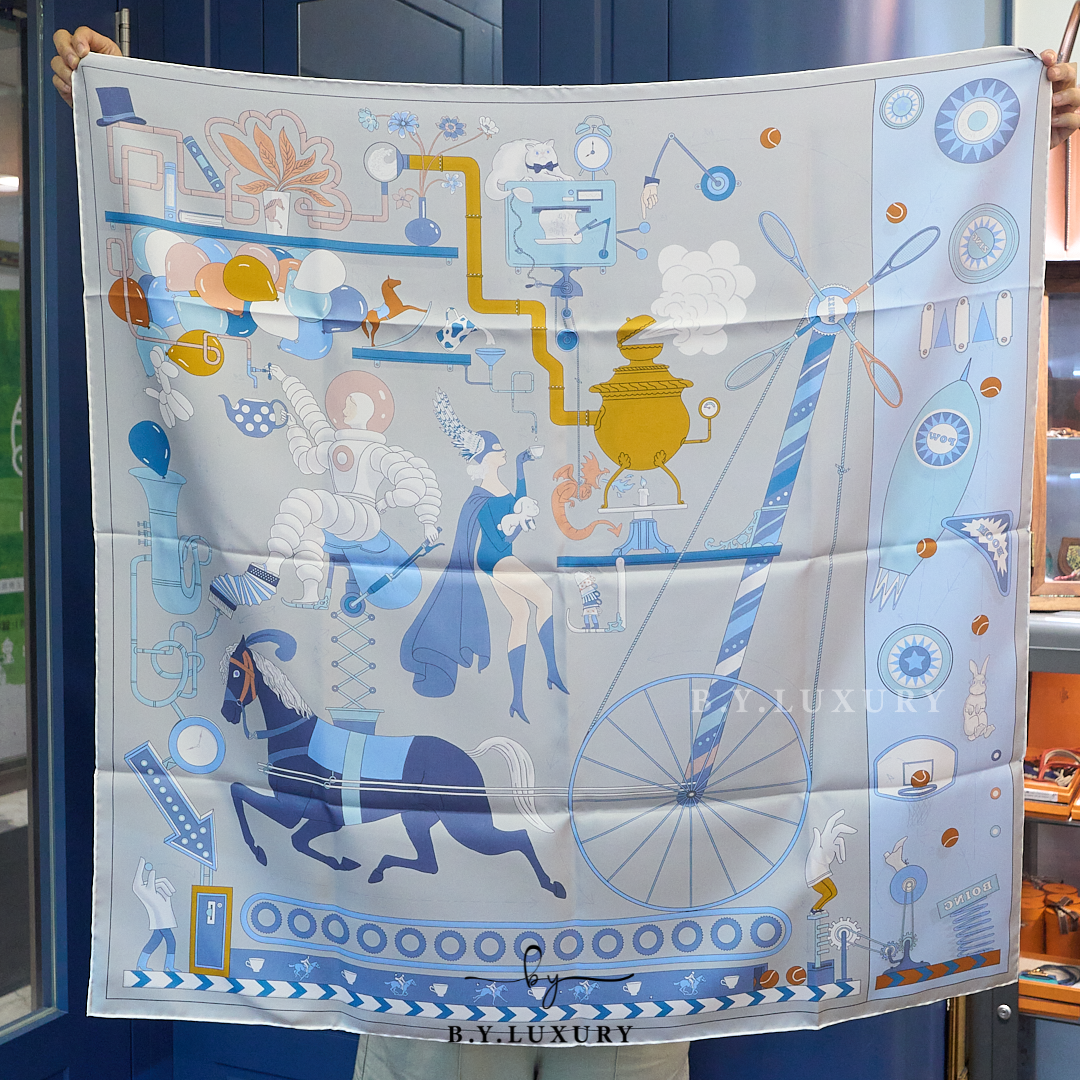全新現貨 HERMES Tea for Two scarf 90 Gris Perle /Bleu Ciel /Bleu Jean