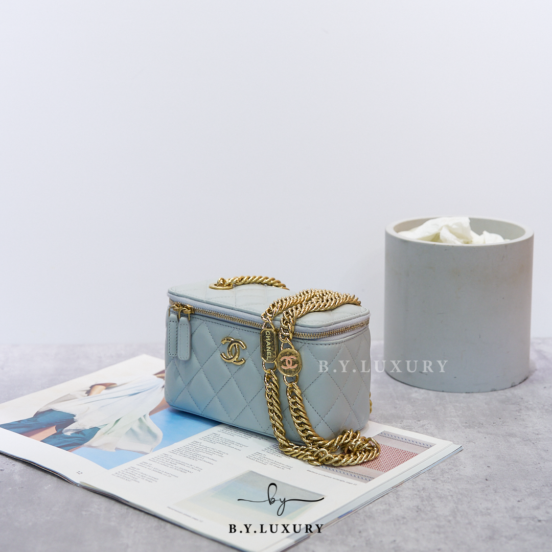 閑置品 CHANEL Vanity Case 長盒子包 淺灰藍 金鏈