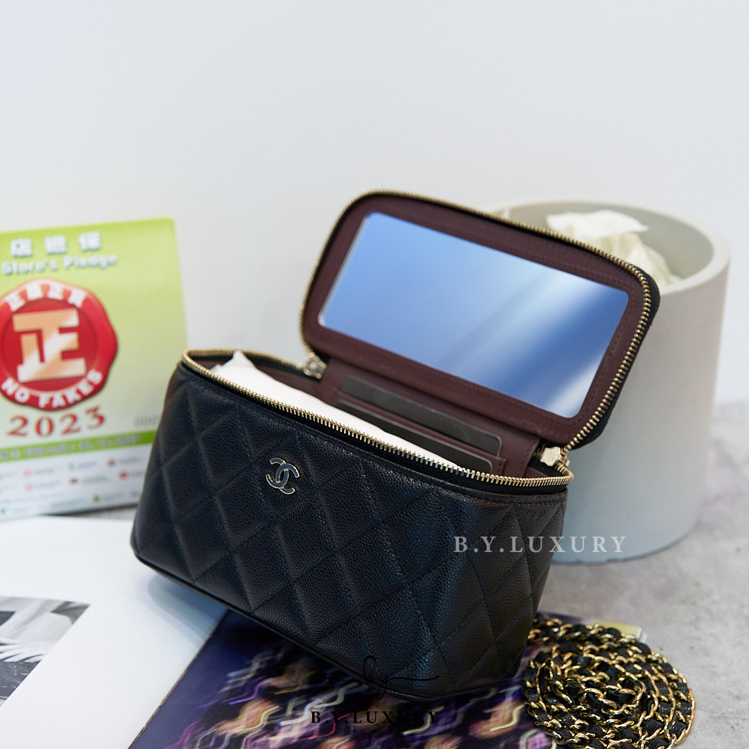 全新現貨 CHANEL Vanity Case 荔枝牛皮 黑 長盒子包 淡金扣 AP1341