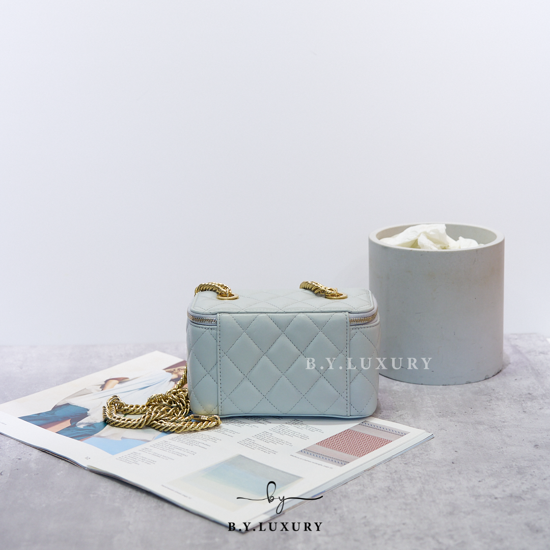 閑置品 CHANEL Vanity Case 長盒子包 淺灰藍 金鏈
