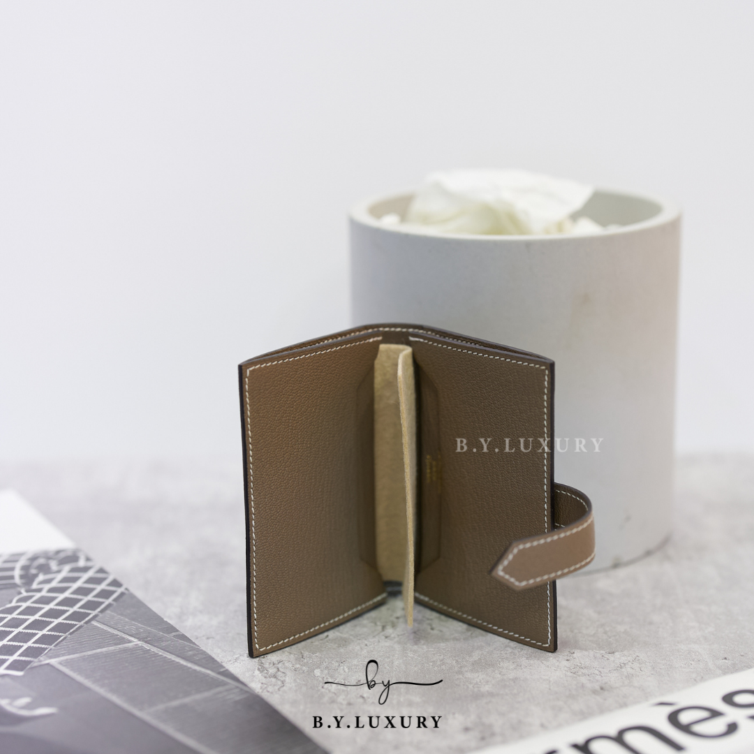 全新現貨 HERMES Bearn Card Holder Chevre 18 大象灰 金扣