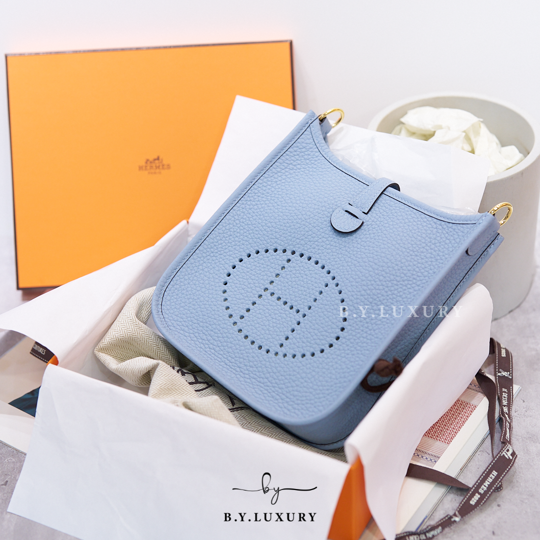 全新現貨 HERMES mini Evelyne TC J7 Bleu Lin GHW 亞麻藍 金扣