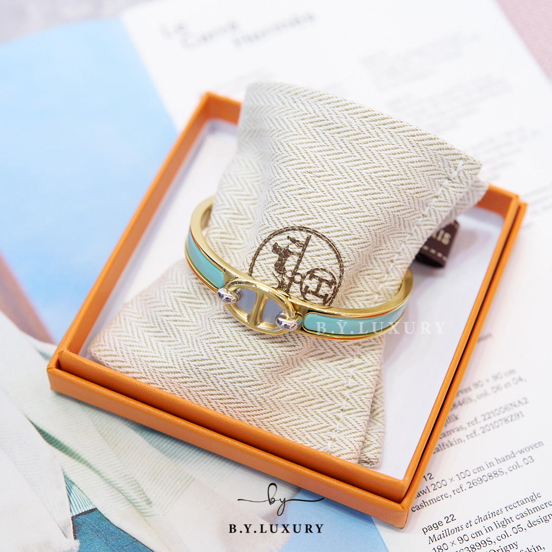 全新現貨 HERMES Mini Clic Chaine d'Ancre Bracelet Aqua Rose Gold 湖水色 金 豬鼻手鐲