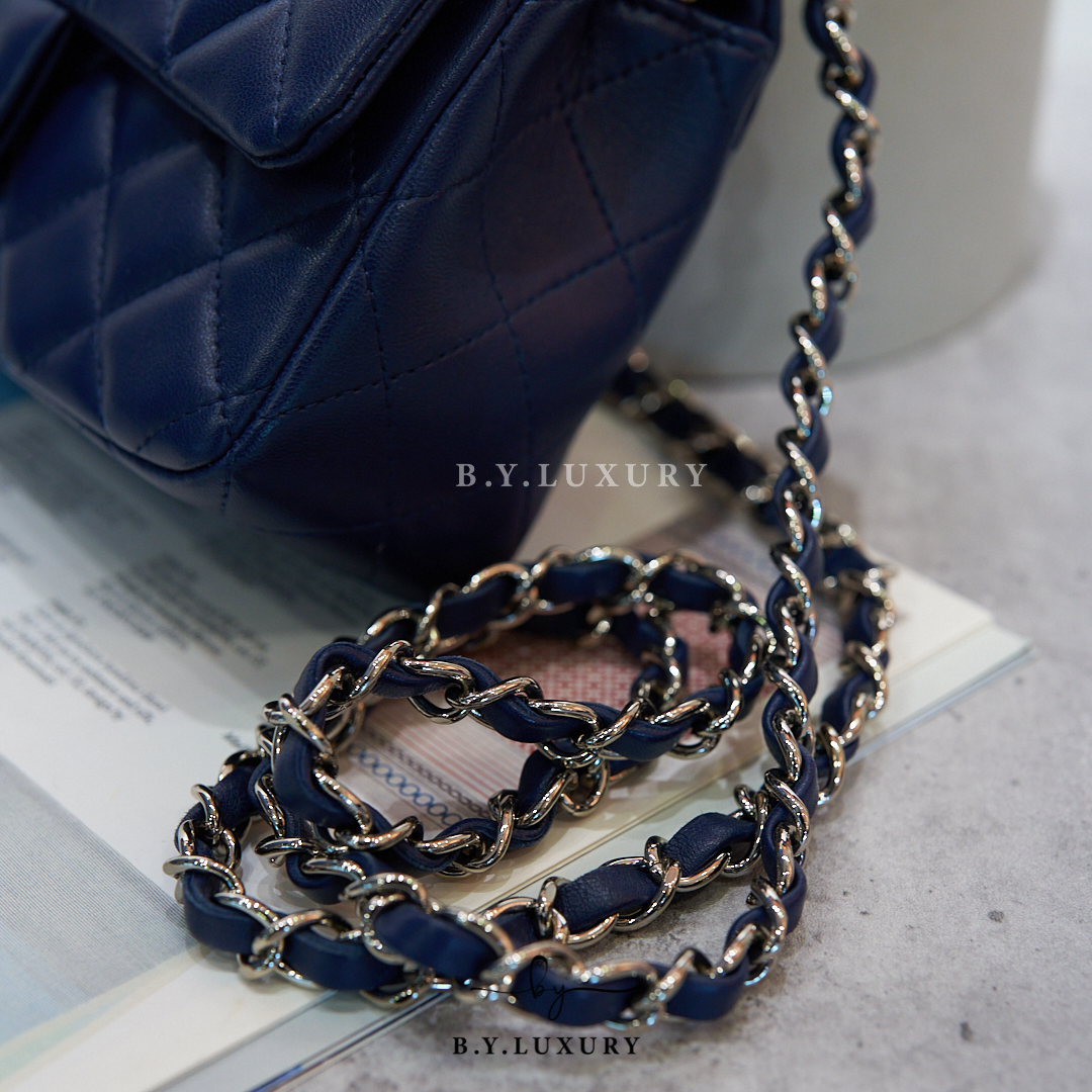閑置品 CHANEL Camellia Chain Square Backpack Lambskin Blue GHW
