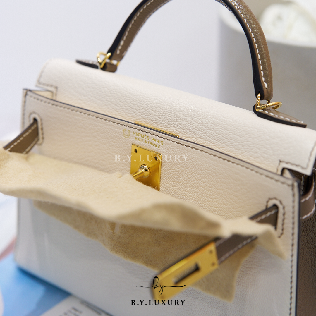 全新現貨 HERMES Mini Kelly II MK2 SO Swift Nata x Etoupe White Stitch GHW