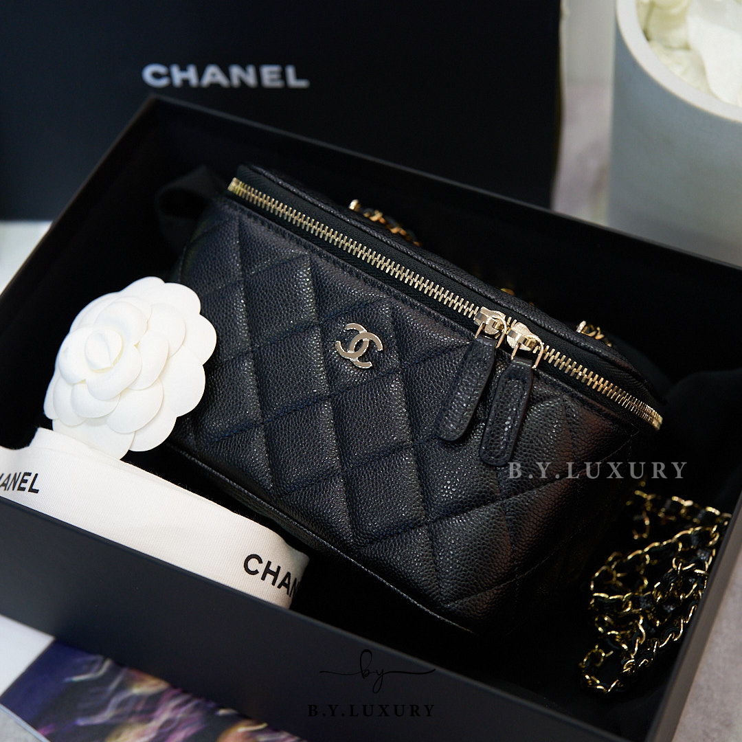 全新現貨 CHANEL Vanity Case 荔枝牛皮 黑 長盒子包 淡金扣 AP1341
