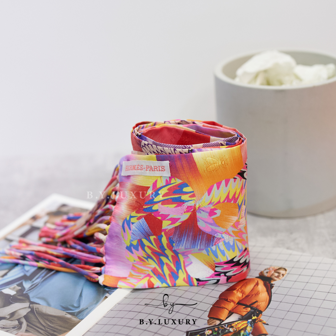全新現貨 HERMES Marble Silk fringed muffler scarf 日本製 真絲 頸巾