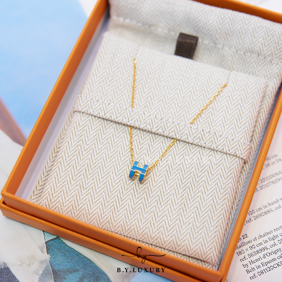 全新現貨 HERMES Mini Pop H Pendant 牛仔藍 金 頸鏈
