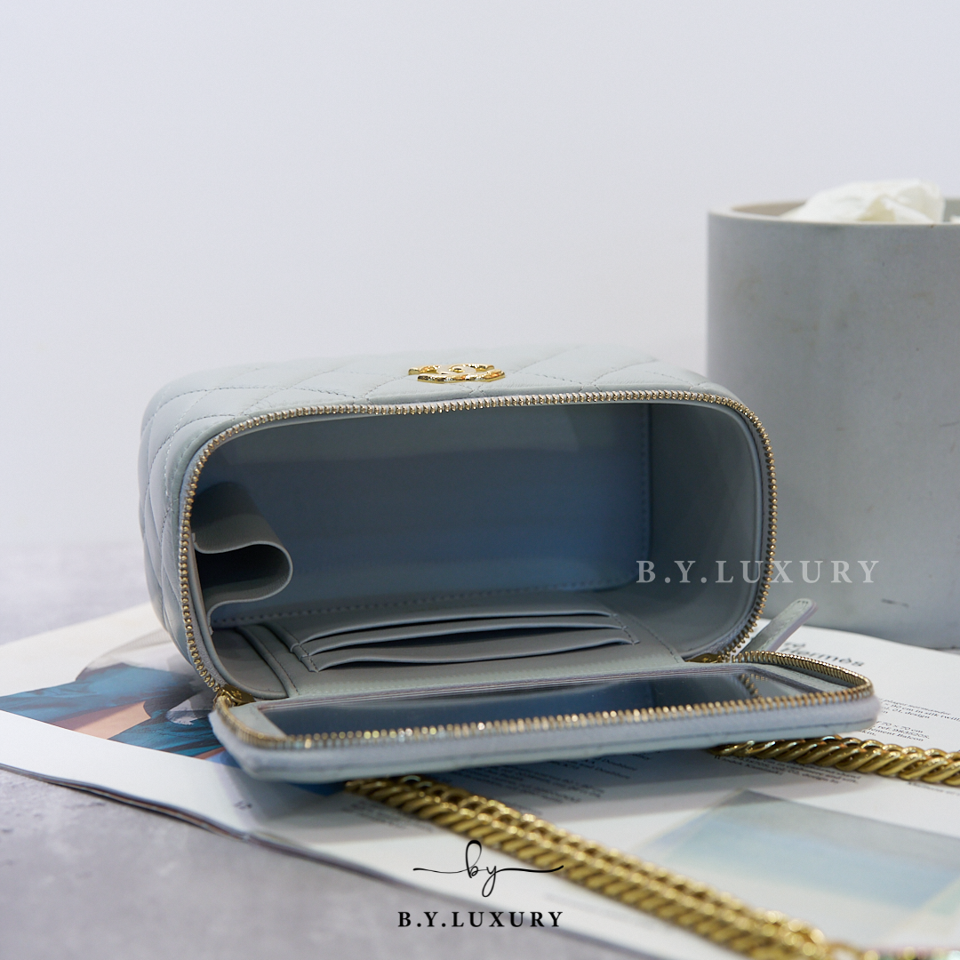 閑置品 CHANEL Vanity Case 長盒子包 淺灰藍 金鏈