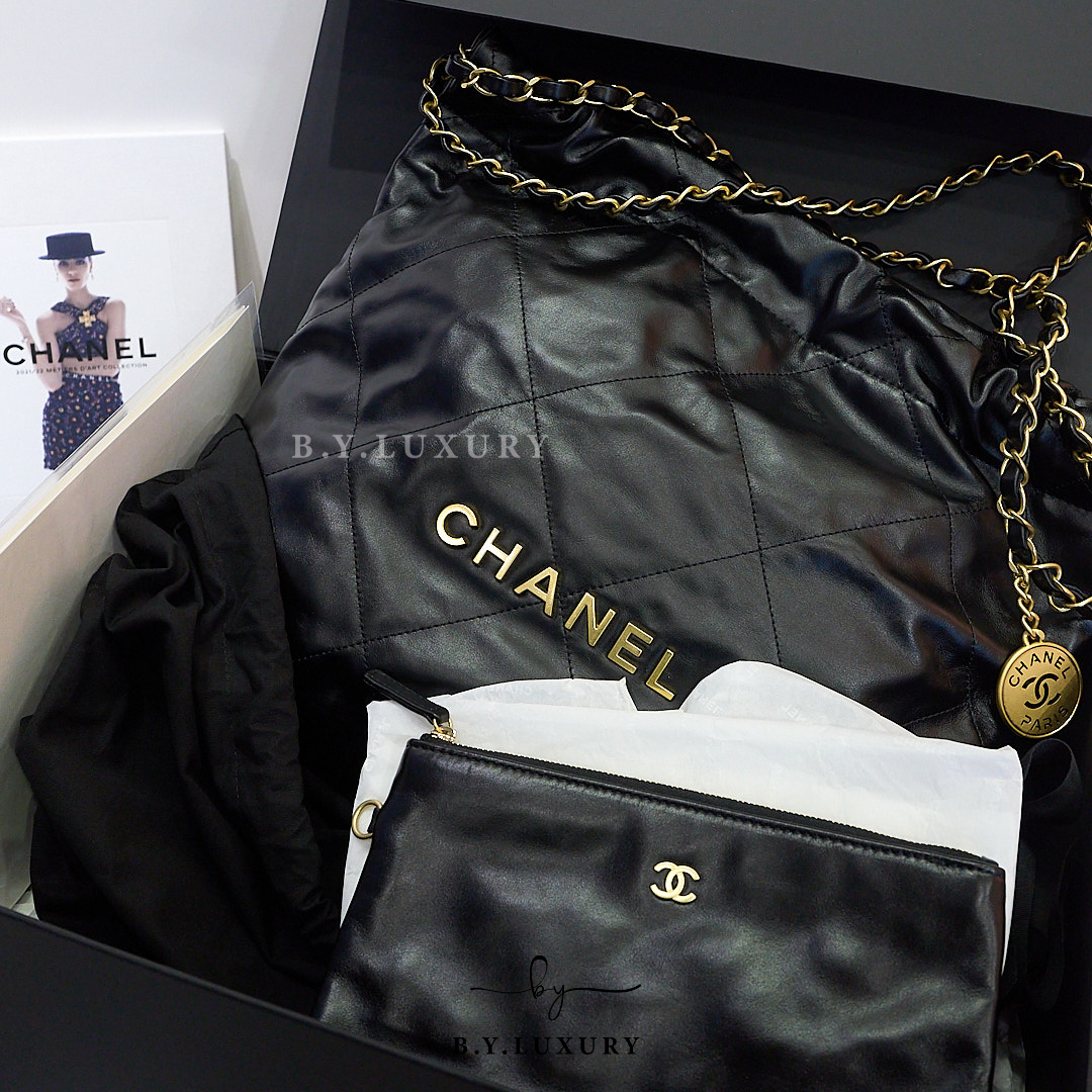 全新現貨 CHANEL 22 Medium 牛皮 黑色 金鏈 AS3260