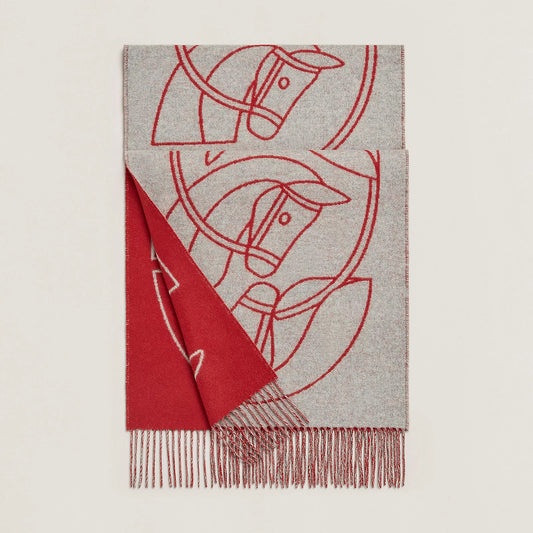 全新現貨 HERMES Casaque Entrelacs Equestres muffler Gris Clair Rouge Carmin 羊絨頸巾