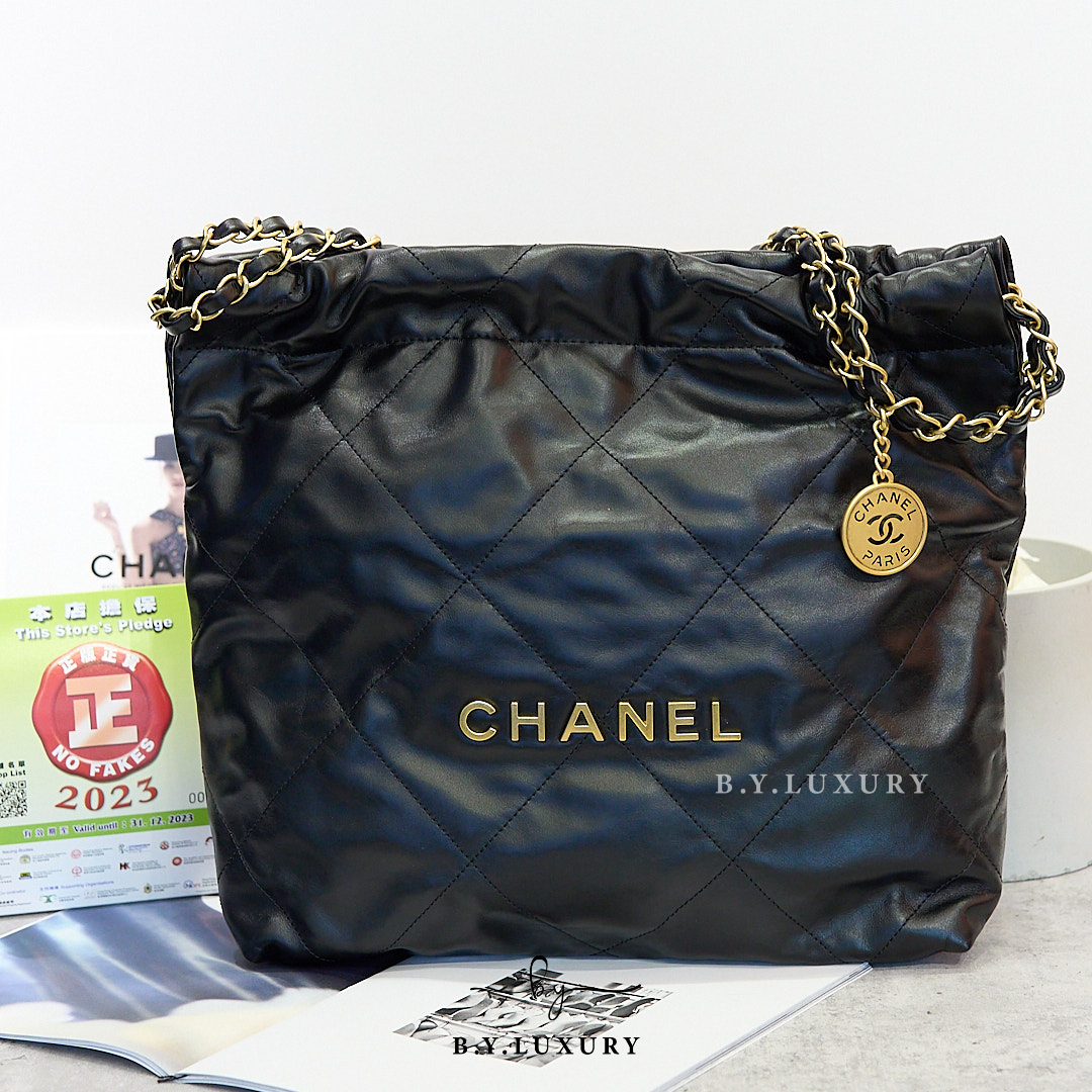 閑置品 CHANEL 22 小號 亮面小牛皮 黑色 垃圾袋 AS3260