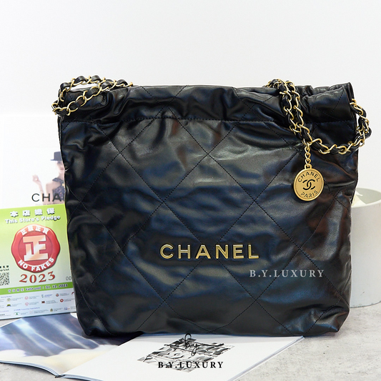 閑置品 CHANEL 22 小號 亮面小牛皮 黑色 垃圾袋 AS3260