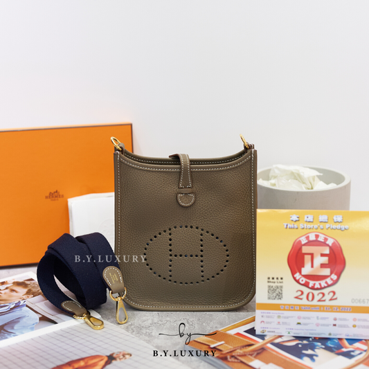 全新現貨 HERMES Mini Evelyne 16 TC 大象灰 深藍織帶 金扣
