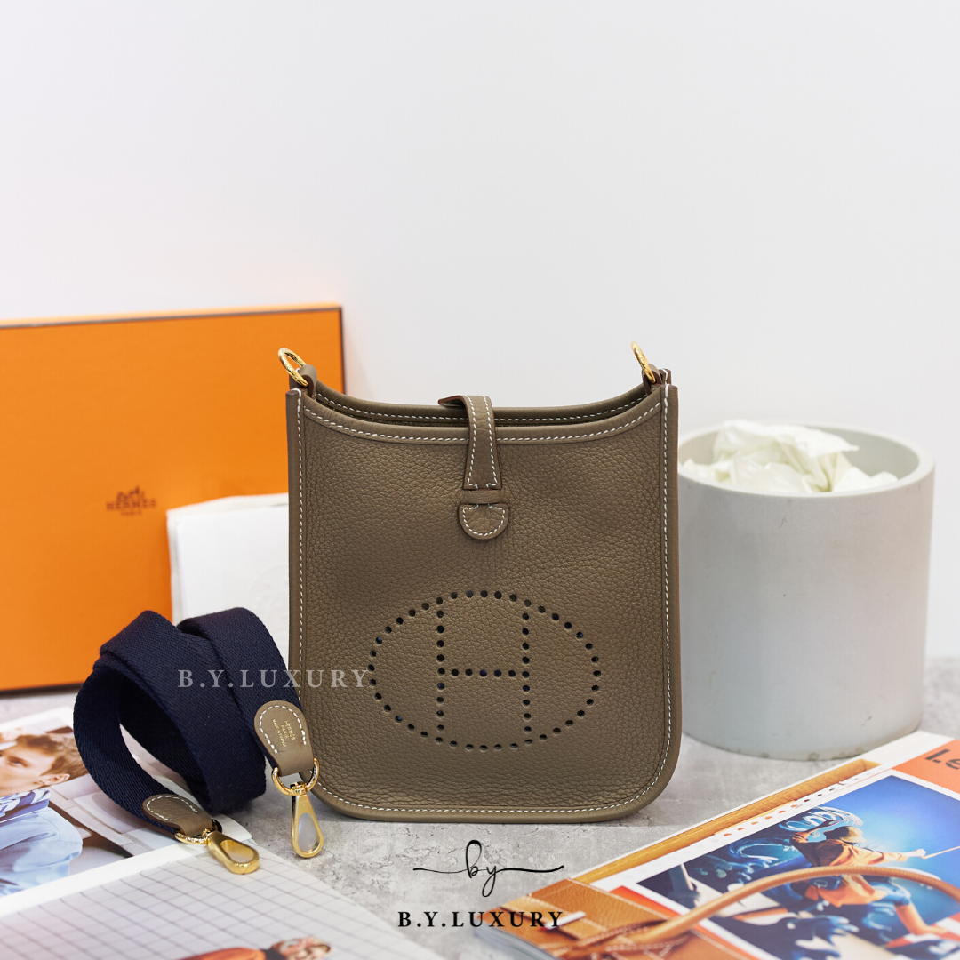 全新現貨 HERMES Mini Evelyne 16 TC 大象灰 深藍織帶 金扣