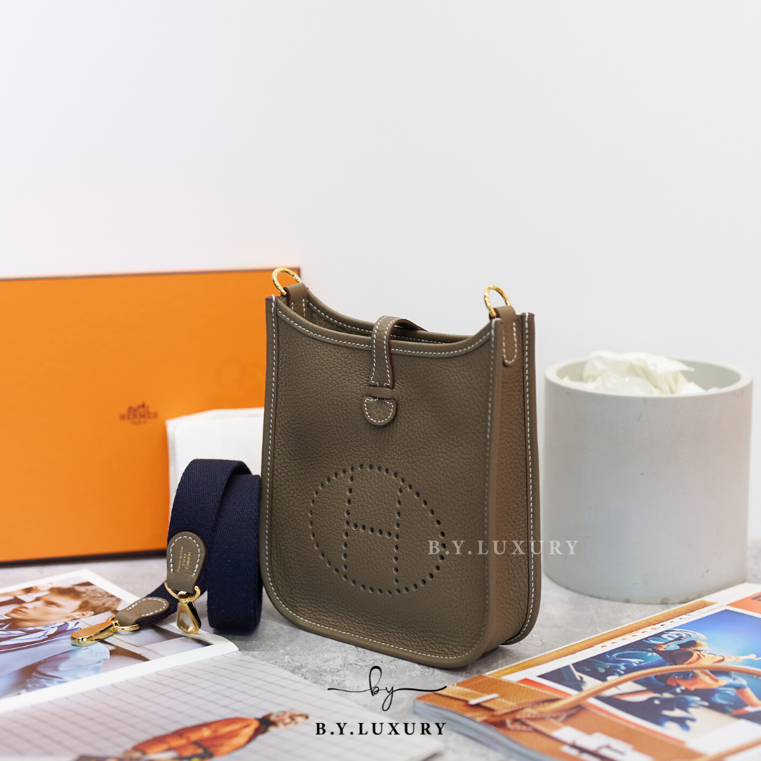 全新現貨 HERMES Mini Evelyne 16 TC 大象灰 深藍織帶 金扣