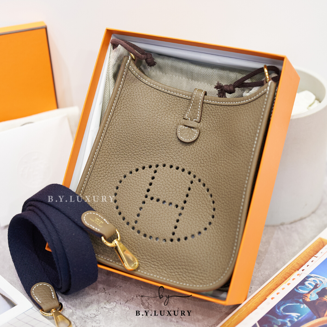 全新現貨 HERMES Mini Evelyne 16 TC 大象灰 深藍織帶 金扣