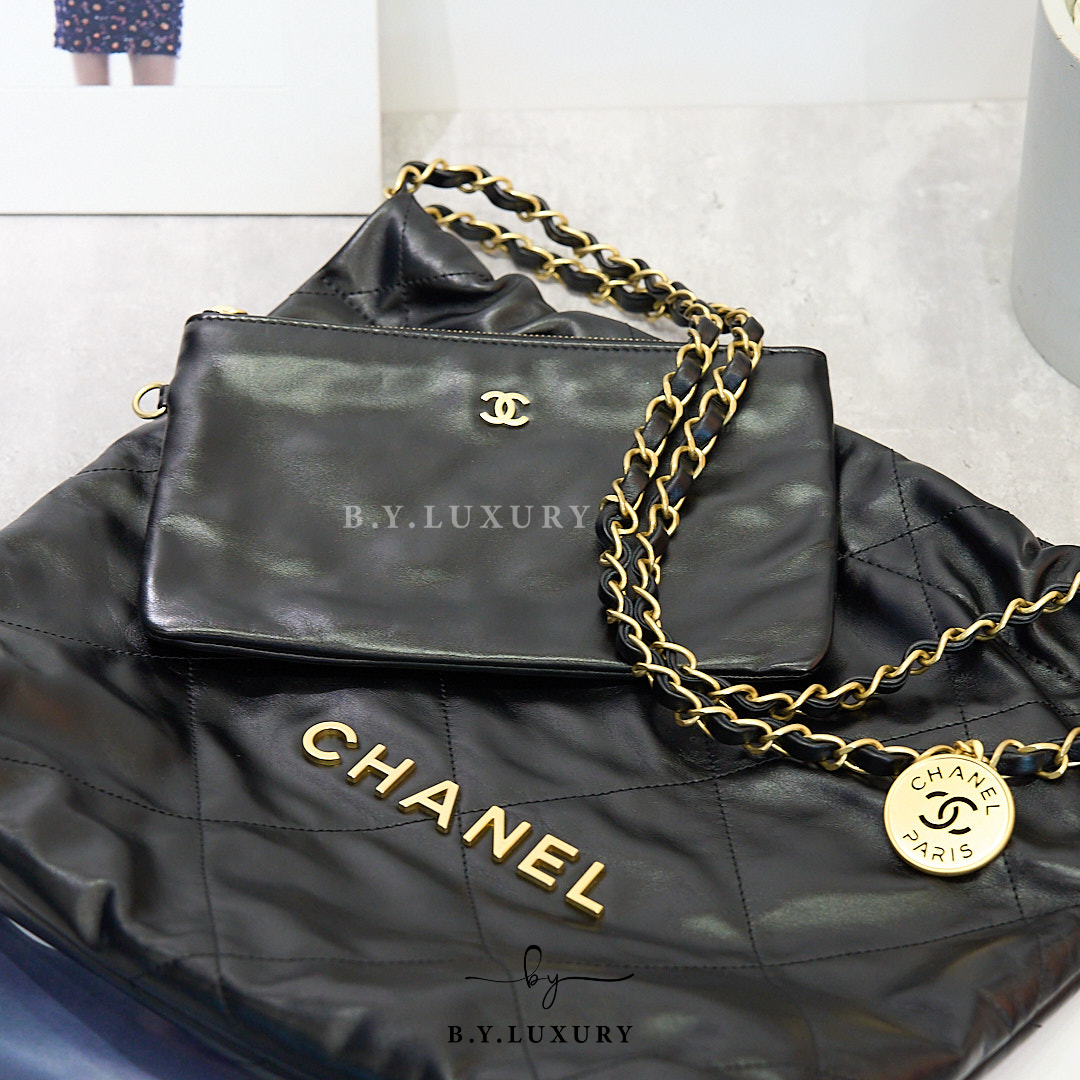 閑置品 CHANEL 22 小號 亮面小牛皮 黑色 垃圾袋 AS3260