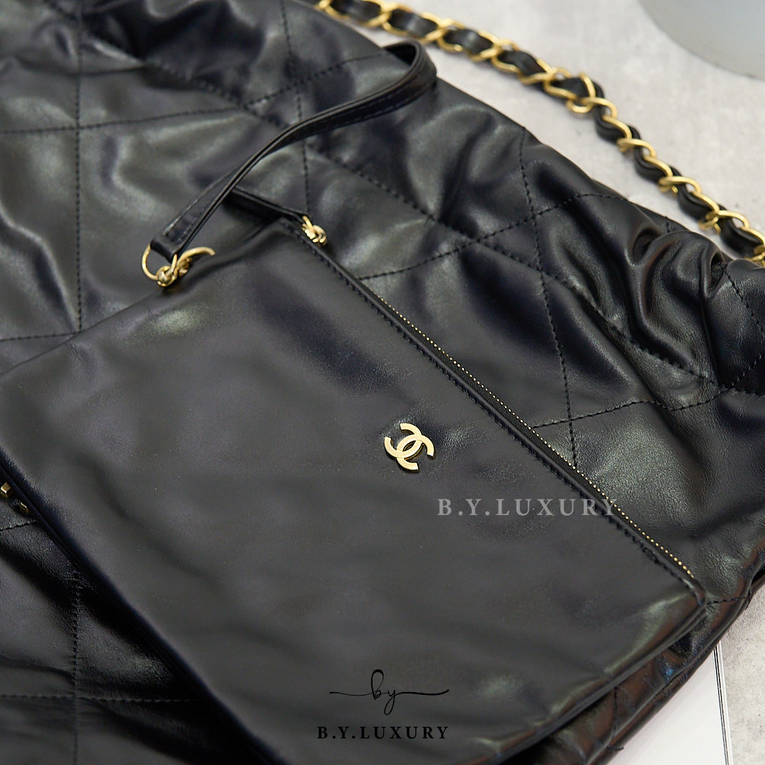 閑置品 CHANEL 22 小號 亮面小牛皮 黑色 垃圾袋 AS3260