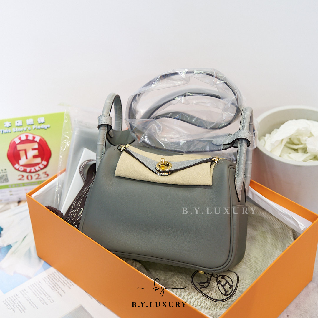 全新現貨 HERMES Mini Lindy Touch Swift Alligator 0L 積雲灰 80 珍珠灰 金扣
