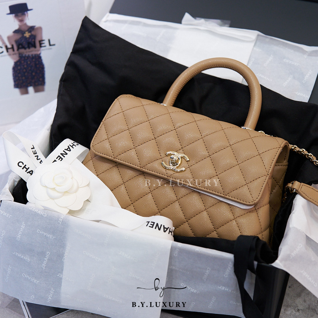全新現貨 CHANEL Coco Handle 小號 荔枝牛皮 焦糖色 淡金扣