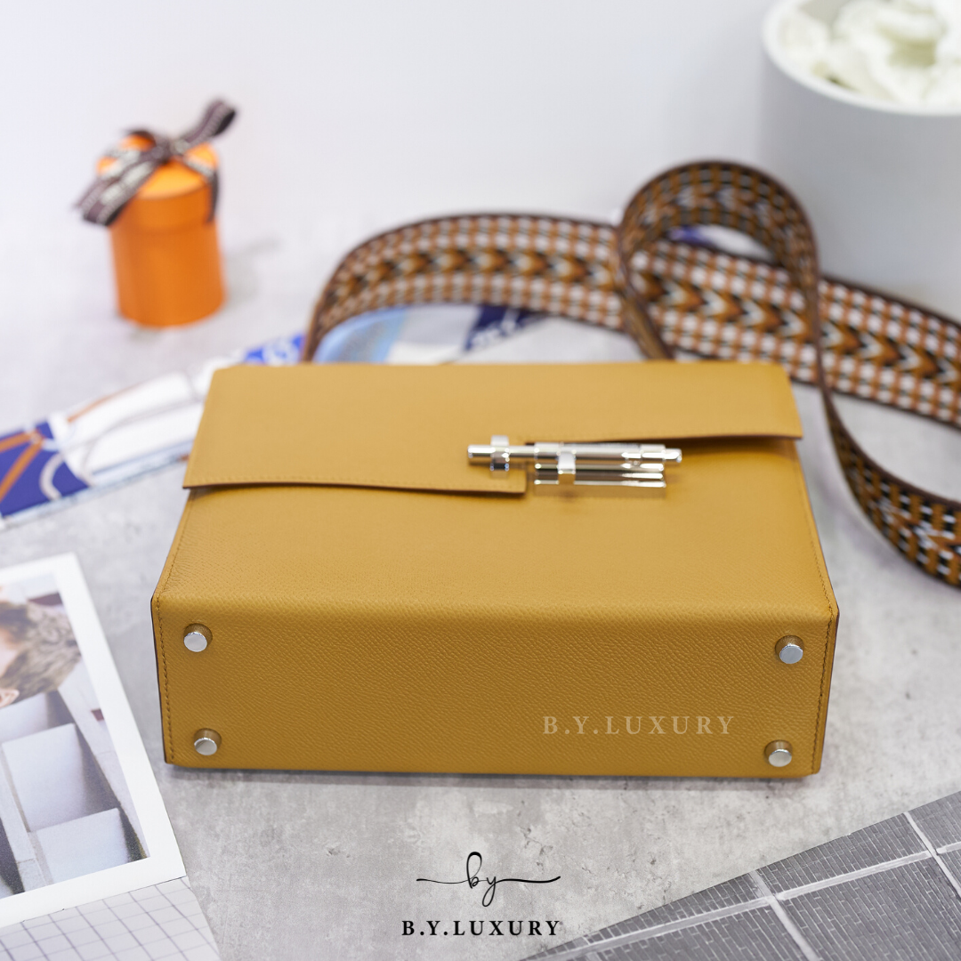 閑置品 HERMES Verrou 23 Epsom 2S 芝麻黃 特別編織帶 銀扣