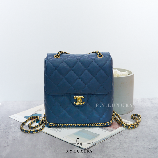 閑置品 CHANEL Camellia Chain Square Backpack Lambskin Blue GHW