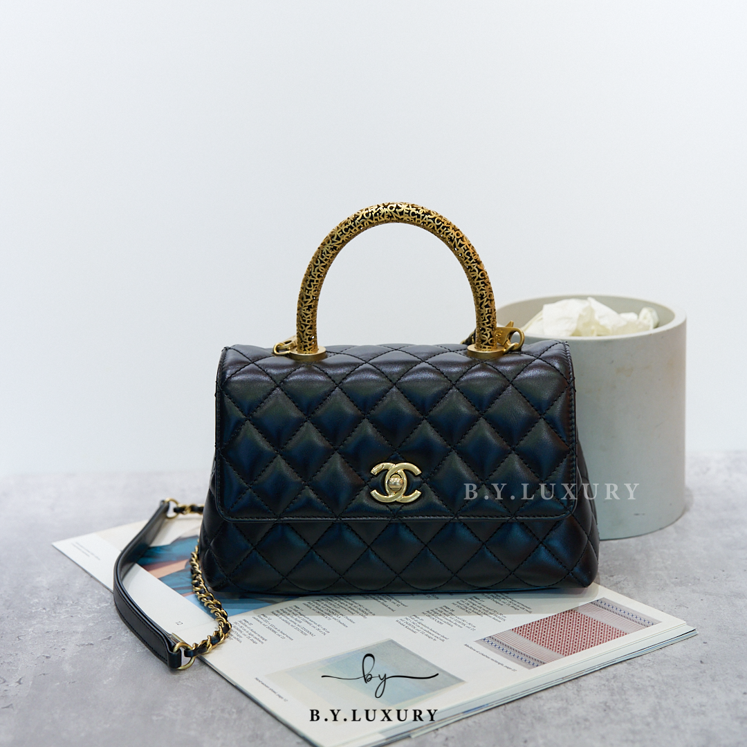 閑置品 CHANEL Coco Handle Bag Small Lambskin Black GHW
