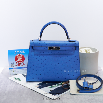 閑置品 HERMES Kelly 28 Ostrich Bleu Mykonos PHW