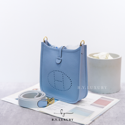 全新現貨 HERMES mini Evelyne TC J7 Bleu Lin GHW 亞麻藍 金扣