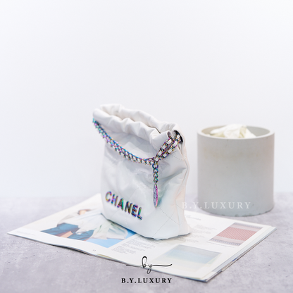 閑置品 CHANEL 22 mini VIP 24C 限量款 白色 小牛皮 幻彩 彩虹金屬
