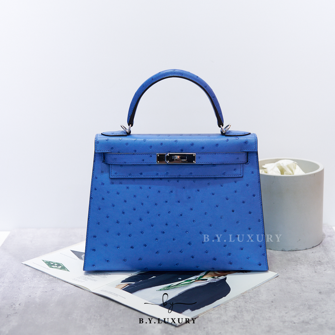 閑置品 HERMES Kelly 28 Ostrich Bleu Mykonos PHW