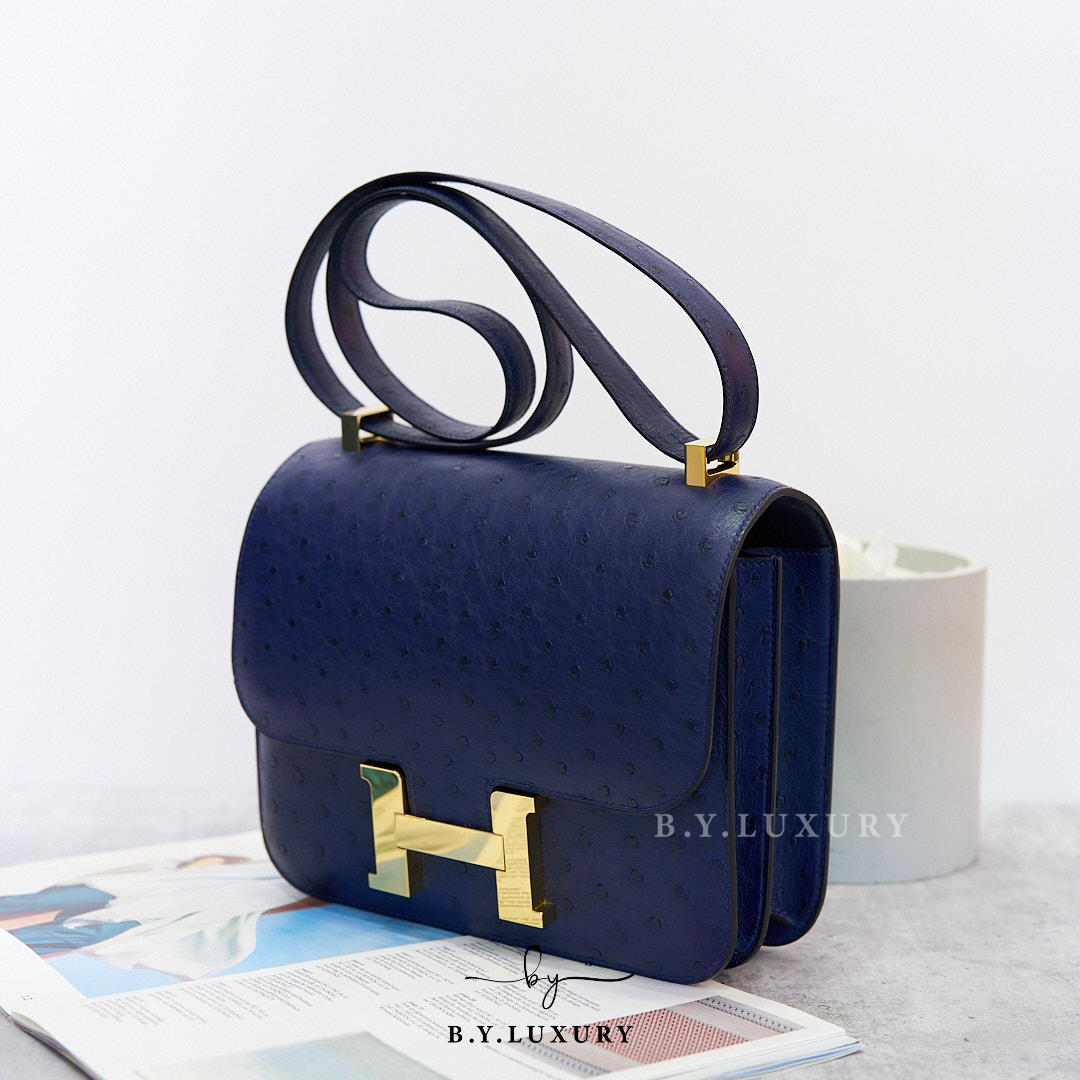 閑置品 HERMES Constance 24 Ostrich 77 Blue Iris 金扣