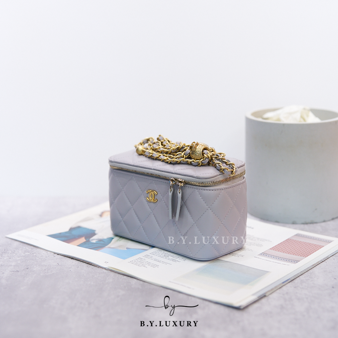 閑置品 CHANEL Vanity case 長盒子 盒子包 小羊皮 灰色 金球 AP2303