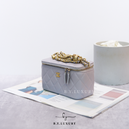 閑置品 CHANEL Vanity case 長盒子 盒子包 小羊皮 灰色 金球 AP2303