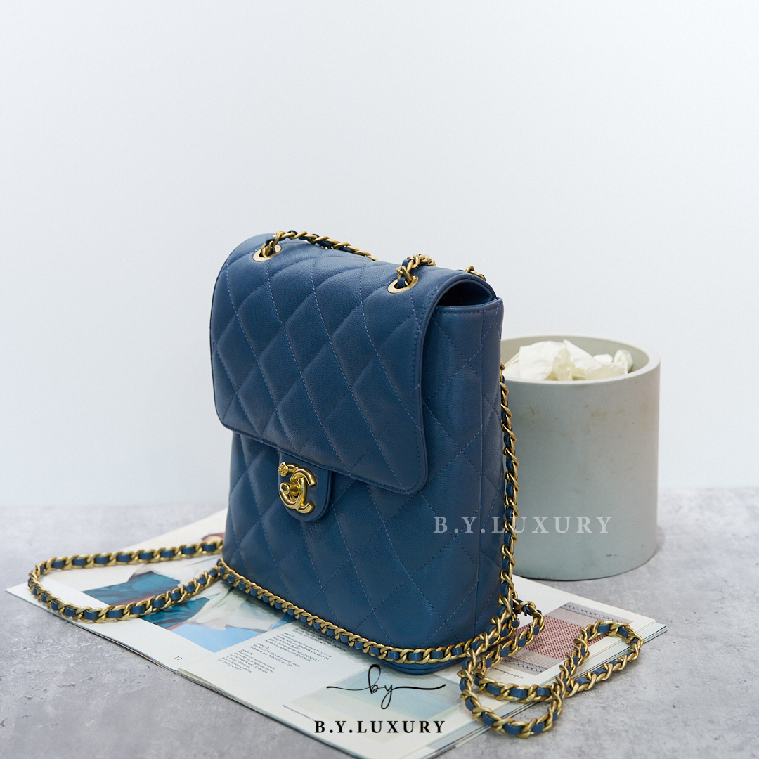 閑置品 CHANEL Camellia Chain Square Backpack Lambskin Blue GHW