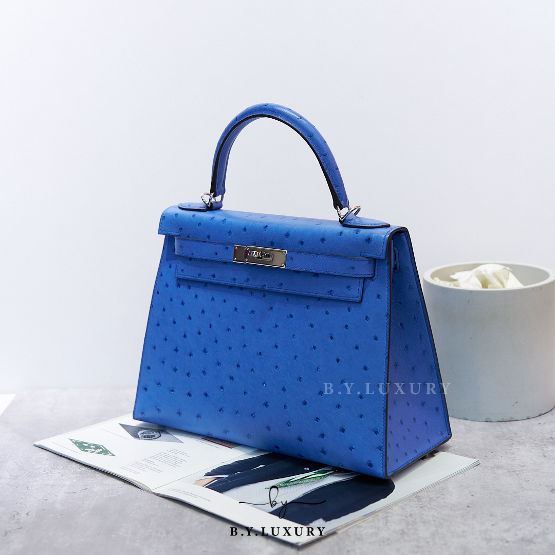 閑置品 HERMES Kelly 28 Ostrich Bleu Mykonos PHW