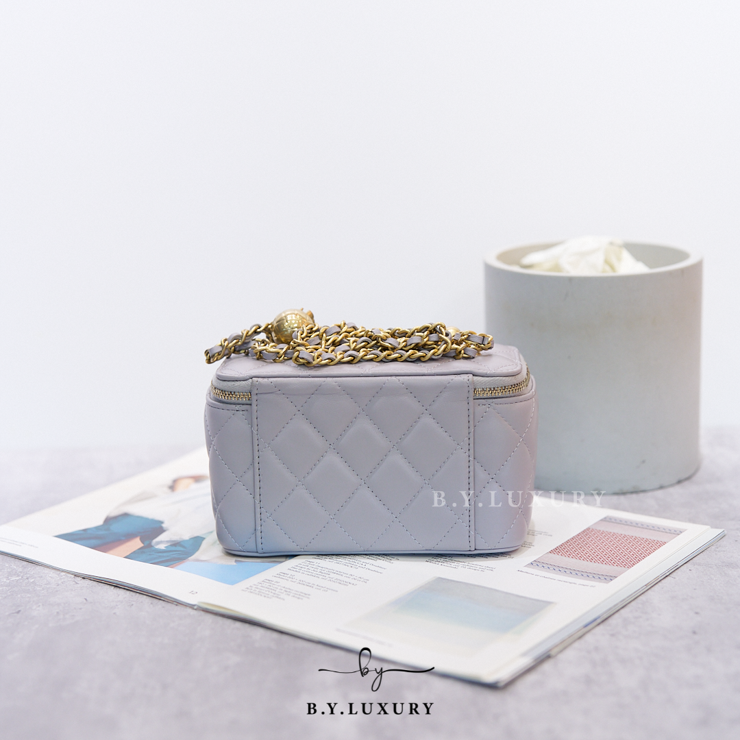 閑置品 CHANEL Vanity case 長盒子 盒子包 小羊皮 灰色 金球 AP2303