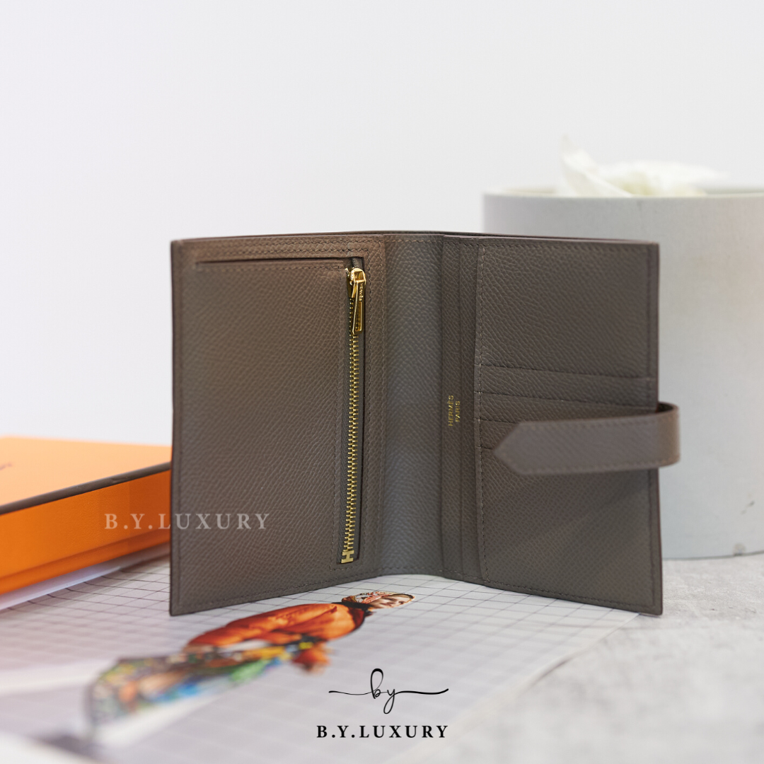 閑置品 HERMES Bearn Compact Wallet Epsom 8F 錫器灰 金扣