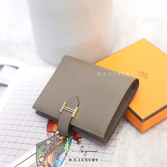 閑置品 HERMES Bearn Compact Wallet Epsom 8F 錫器灰 金扣