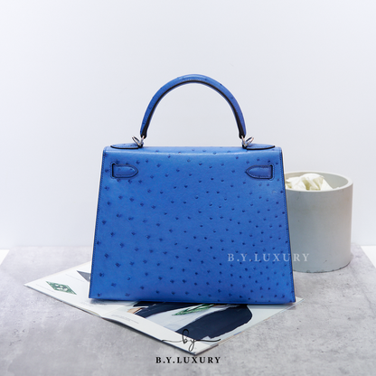 閑置品 HERMES Kelly 28 Ostrich Bleu Mykonos PHW