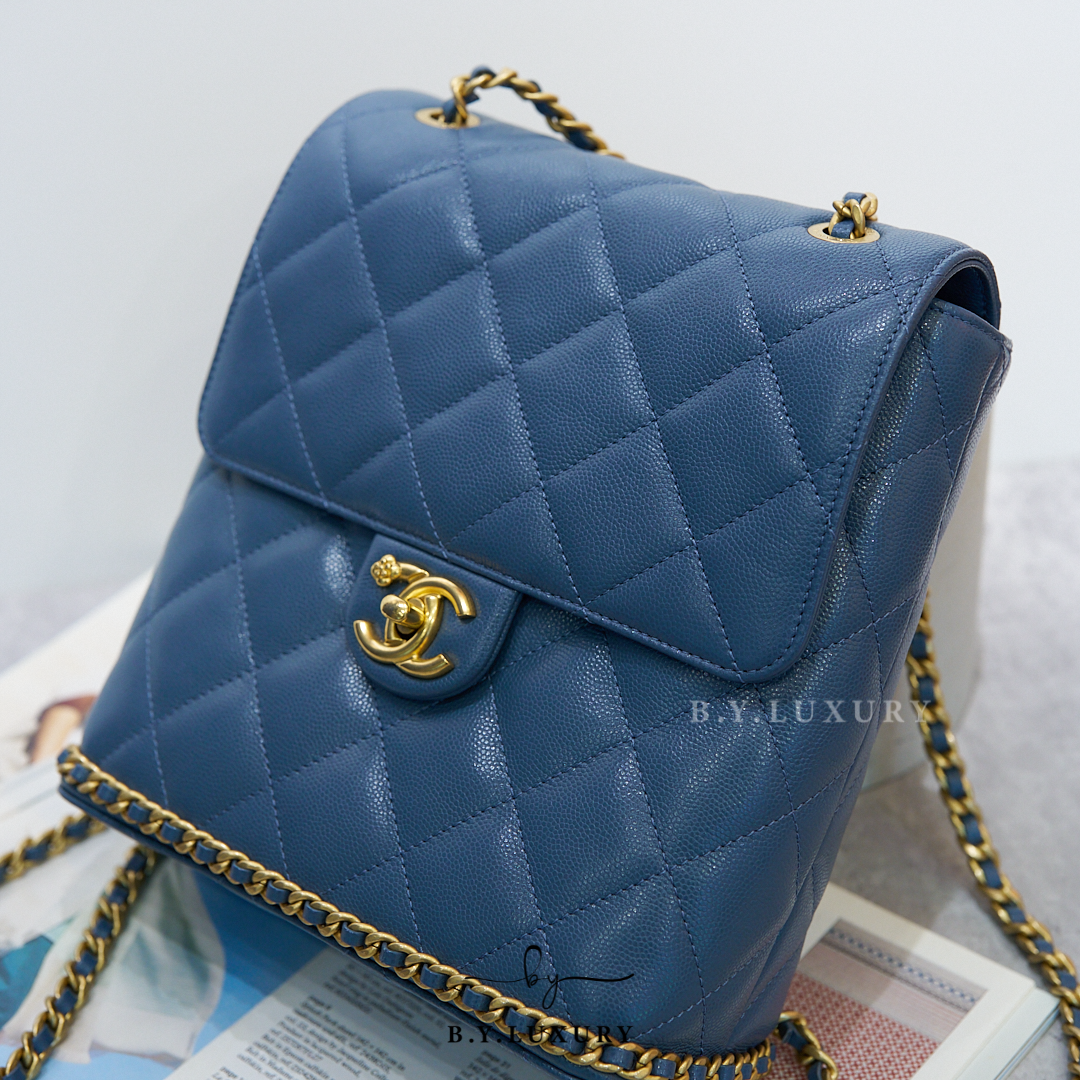 閑置品 CHANEL Camellia Chain Square Backpack Lambskin Blue GHW